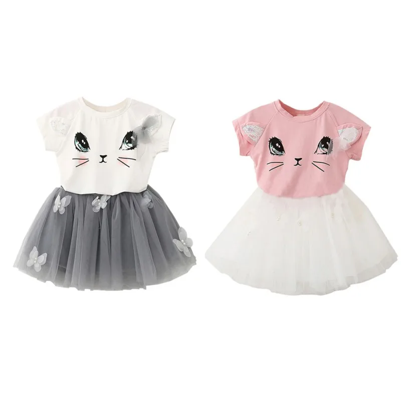 

2Pcs Baby Girls summer Infant Dress Set Short Sleeve Cartoon Kitten Printed T-Shirts+Net Veil Tutu Skirt Clothing