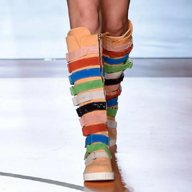 

Women Winter Shoes 2018 Knee High Boots Zipper Rainbow Buckle Strap Slim Motorcycle Hot Selling For Women Dress Flats Boots