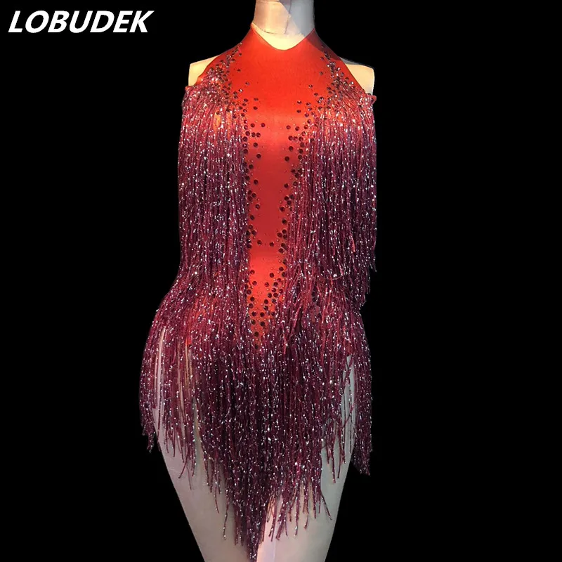 

Sparkly Crystals Gold Red Tassels Bodysuit Sleeveless Backless Bodysuits Sexy Women Nightclub Dancer DJ Jazz Costume Stage Wear
