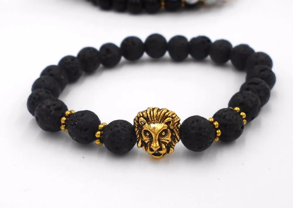

Antique Gold/Silver Plated Wolf Head Bracelet Men Natural Black Lava Volcanic Stone Beaded Bracelets Women