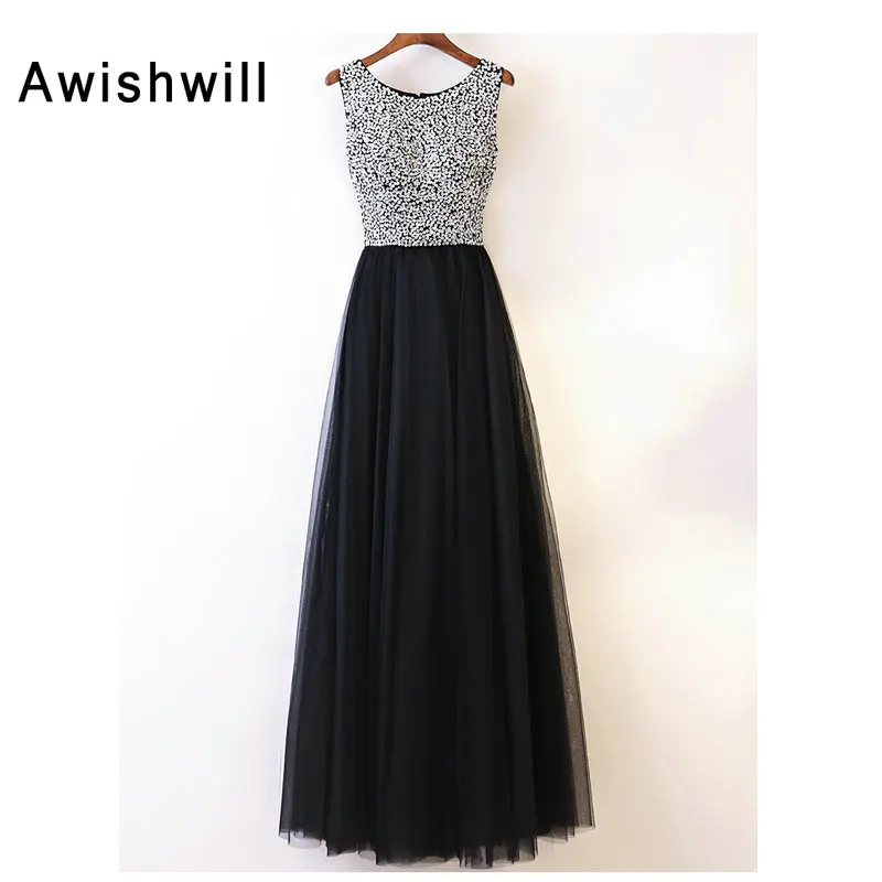 Sparkly Beads and Sequins Tulle Black Evening Dresses Long Chic Party Dress Floor Length Customized Formal Gowns for Women Sparkly Beads and Sequins Tulle Black Evening Dresses Long Chic Party Dress Floor Length Customized Formal Gowns for Women
