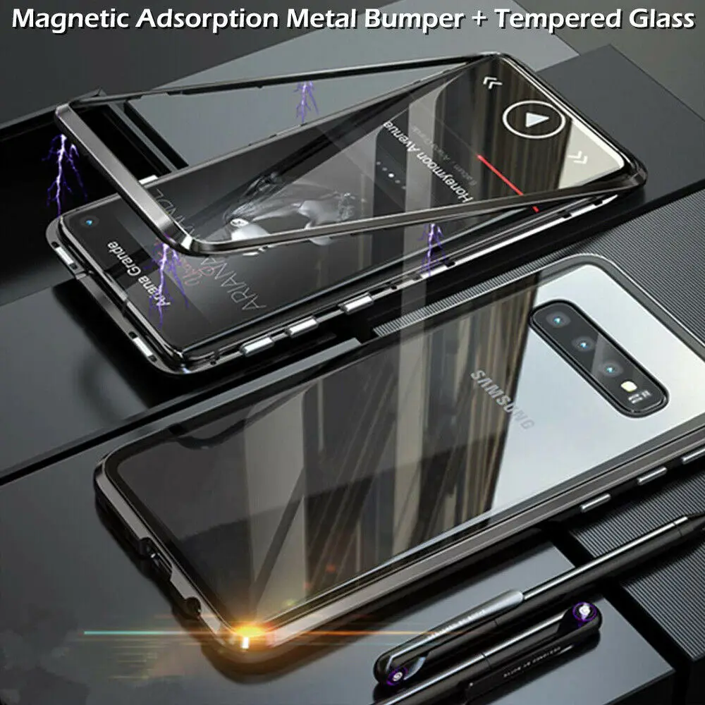 Magnetic Absorption Metal Bumper Back Glass Case Cover For Samsung S10 + S9 S8