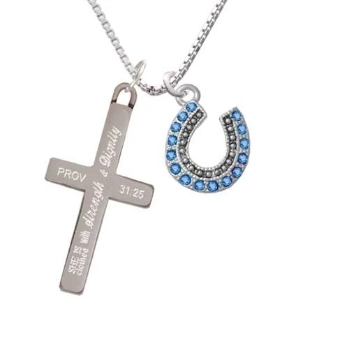 Beaded Blue Crystal Horseshoe with Good Luck - Strength and Dignity - Cross Necklace (1)