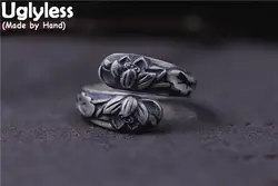 Uglyless реального чистого серебра 990 пробы женщин этнических кольца ручной работы тиснением цветок лотоса палец кольцо открытие цветочный