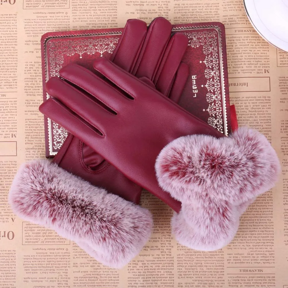 Kakaforsa Woman PU Leather Golves Femme Elegant Solid Pompom Mittens Winter Outdoor High Quality Warm Full Finger Glove