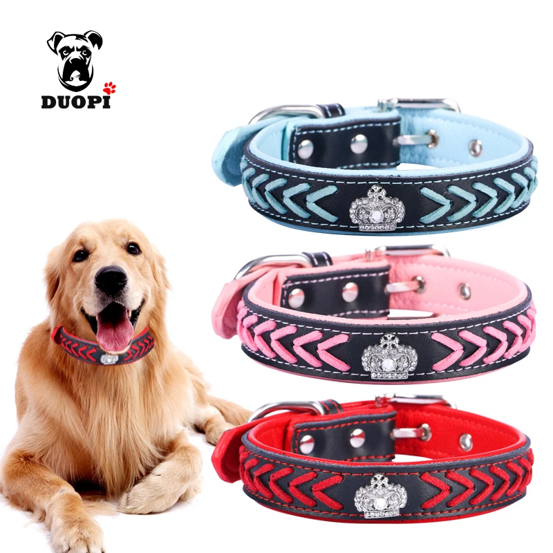 2017 New Style diamond crown knit Genuine Leather pet collar creative