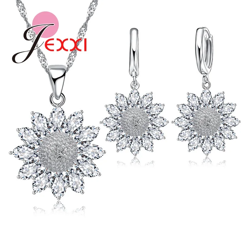 

JEXXI Fashion Plant Design Sunflower Style Crystal Decoration Chain Necklace Pendent Earrings For Women Silver Jewelry Set