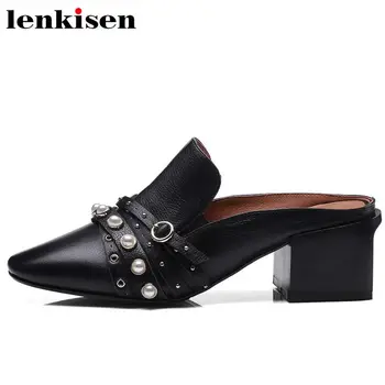 

Lenkisen beauty lady cow leather summer square toe solid pearls mules slip on med heels wedding dress party women sandals L80