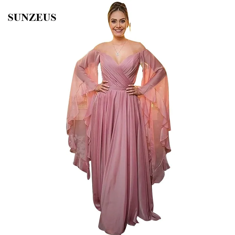 Maxi Lange Mouwen Moeder Van De Bruid Jurken A-lijn V-hals Off Shoulder Party Dress Pleats Chiffon Gown vestidos madre novia Maxi Lange Mouwen Moeder Van De Bruid Jurken A-lijn V-hals Off Shoulder Party Dress Pleats Chiffon Gown vestidos madre novia