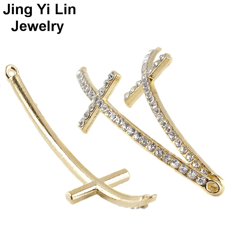 Wholesale 50pcs/lot Clear Rhinestone Crystal Gold Color Curved Sideways Connectors Cross Beads