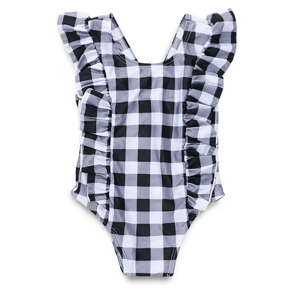 

Children Swimwear for Girls Polyester One Piece Swimsuit Bathing Suit Bikini Plaid Ruffled Bodysuit Beach Toddler Romper K530