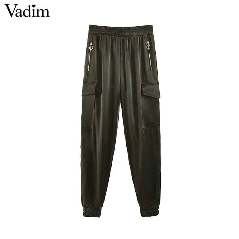 

Vadim women casual cargo pants pockets elastic waist fake zipper ankle length trousers vintage trousers pantalones KA804