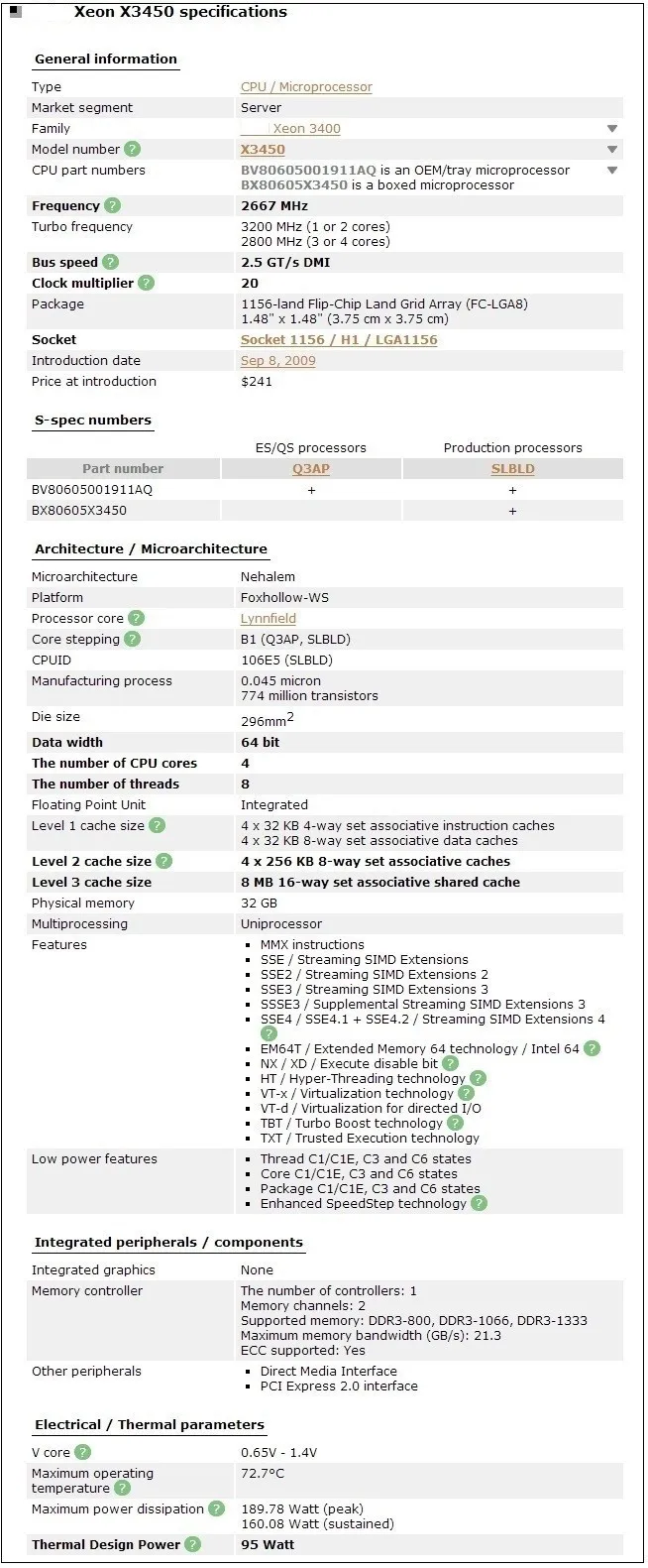 Процессор Intel Xeon X3450 Quad Core 2,66 GHz 8M 2.5GTs SLBLD Socket LGA1156