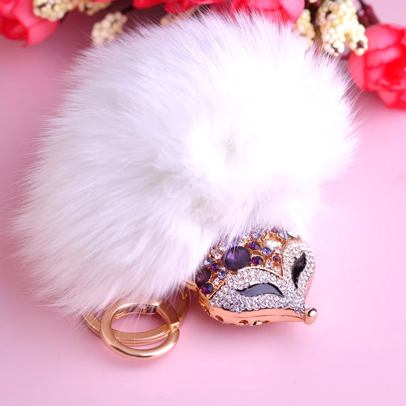 

Blucome White Feather Fox Shape Keychain Purple Crystals Gold Metal Animal Key Chains For Women Girls Bag Ladies Car Accessories