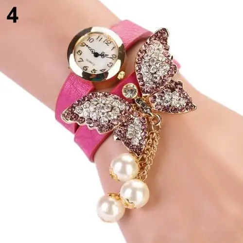 

Women Faux Pearls Tassel Rhinestone Butterfly Bracelet Quartz Analog Wrist Watch Bracelet