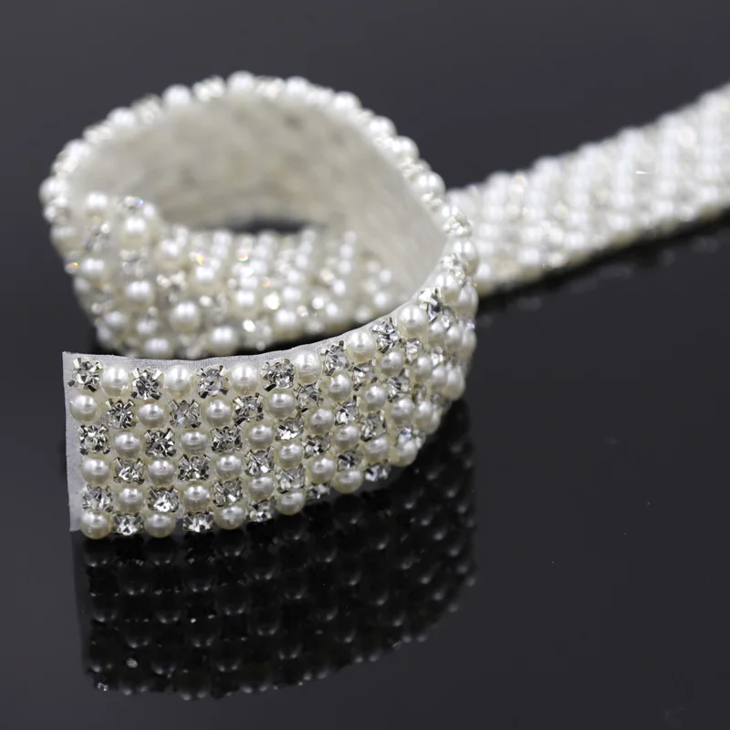 

1 Yard Bridal Pearls Rhinestones Appliques Trim By Yard 2.5cm For Bridal Sash Silver Crystal Rhinestone Trim