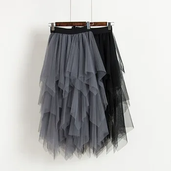 

Elegant Women Irregular High Waist Mesh Skirts Summer Mid-Calf Solid Color Skirt Multi-Layers Female Skirt Clothes