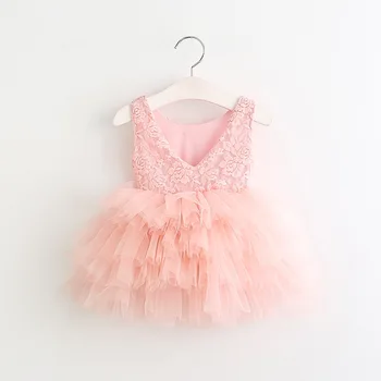 

EF 5pcs 2017 summer girls pink Puffy dresses, V back Girls Boutique dress, Lace Flower Costumes Wholesale for Wedding 17D027