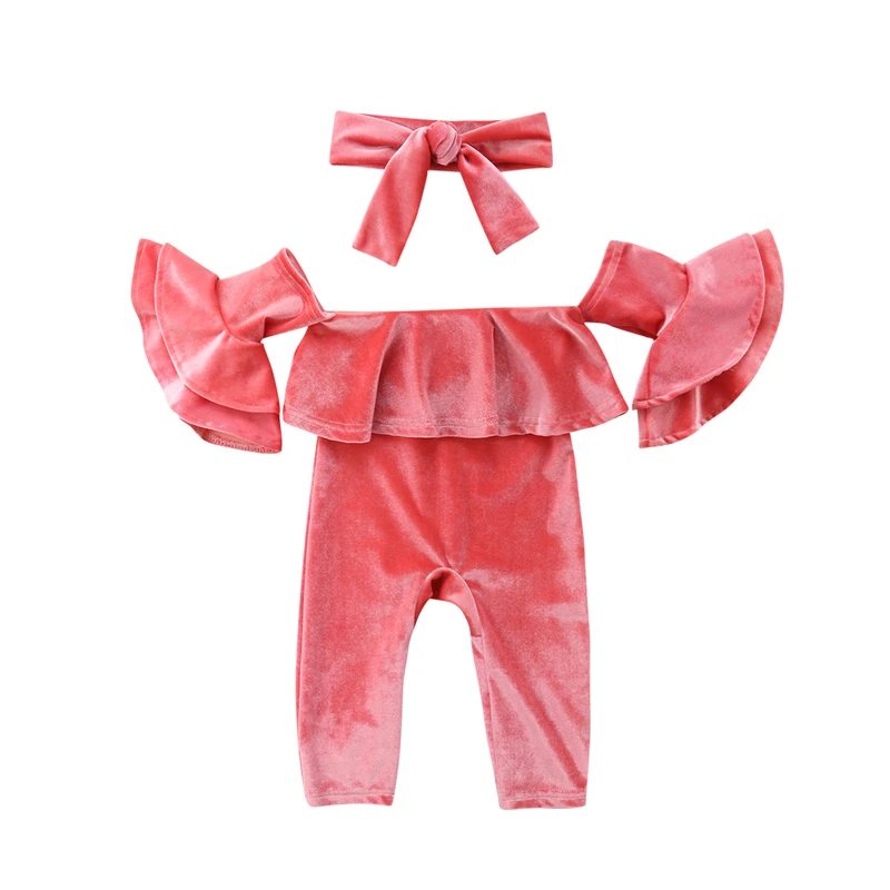 

2Pcs Girls Rompers Jumpsuit Fashion Newborn Baby Girl Clothes Girls Flare Sleeve Velvet Romper Headband Girls Toddler Outfits