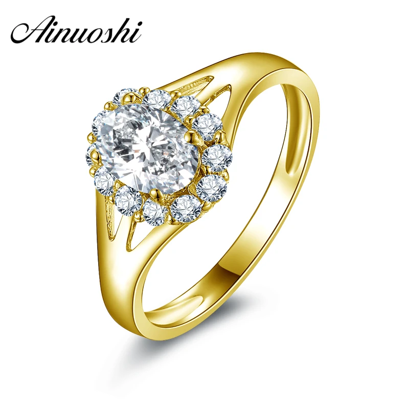 

AINUOSHI 10k Solid Yellow Gold Wedding Rings Brilliant 0.75 ct Oval Cut CZ Aneis Feminino Jewelry Halo Women Engagement Rings