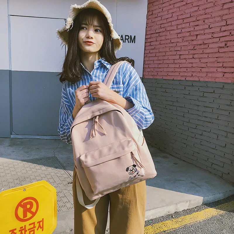 Women Backpack Schoolbag Canvas Cute Dog Embroidery Cotton Fabric Backpack Female Vintage Notebook Backpack For Girls School Bag (23)