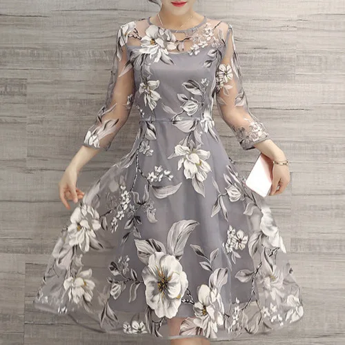 Летнее новое платье с рукавом три четверти, модное тонкое платье из органзы с круглым вырезом и принтом, шифоновое платье лолиты с цветочным принтом vestidos
