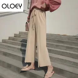 OLOEY 2019 сезон: весна-лето Новая мода повседневное Черный шифон свободные тонкий срез шнурок широкие брюки для женщин S349