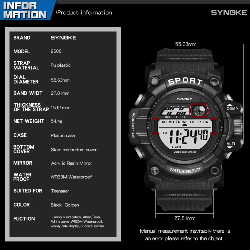 SYNOKE, мужские спортивные часы для улицы, водонепроницаемые, цифровой, светодиодный, S, мужской шок, военные, электронные наручные часы, relogio masculino