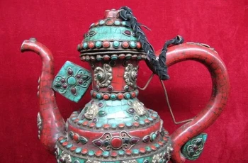 

14 Tibet Copper inlay turquoise Red coral ruby beryl gem Dragon flagon stoup Pot 8.02