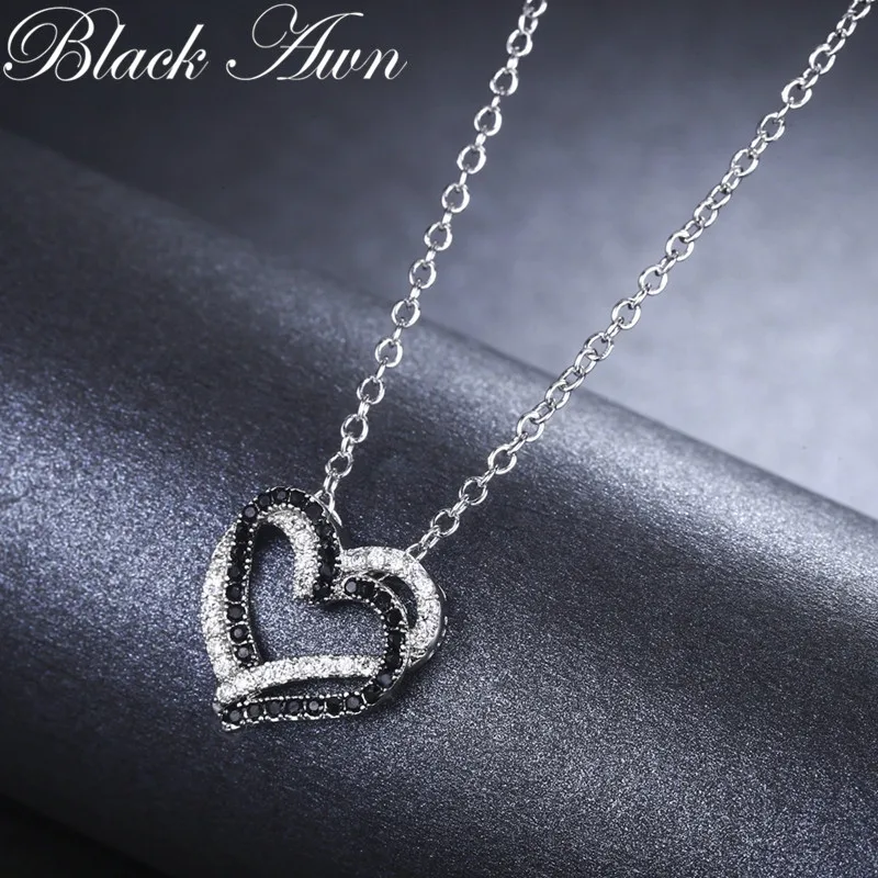 Silver Necklace Fine Genuine 100% 925 Sterling Silver Necklace Women Jewelry Heart Black&White Stone Pendants P107 - Image 4