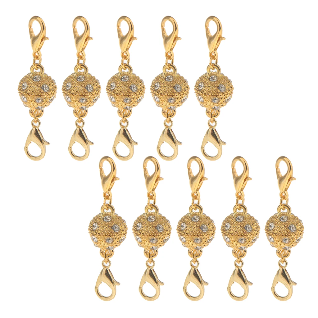 10Pcs Gold Color Ball Rhinestone Lobster Magnetic Clasps Jewelry DIY Findings for Necklace