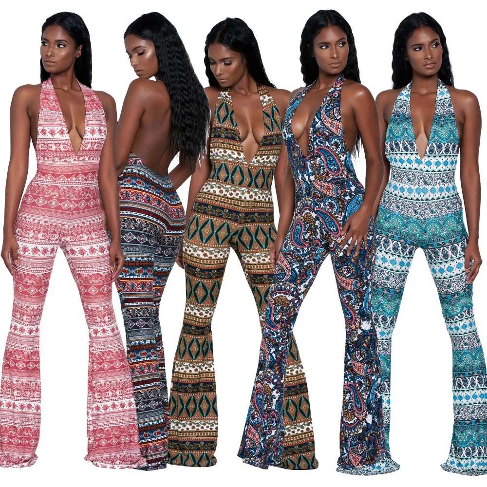 Women Print Backless Halter Wide Leg Long font b Jumpsuit b font Sexy Deep V Neck