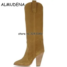 Замшевые женские высокие сапоги до колена женские мотоциклетные сапоги без застежки в римском стиле на весну-осень модные сапоги на шпильке