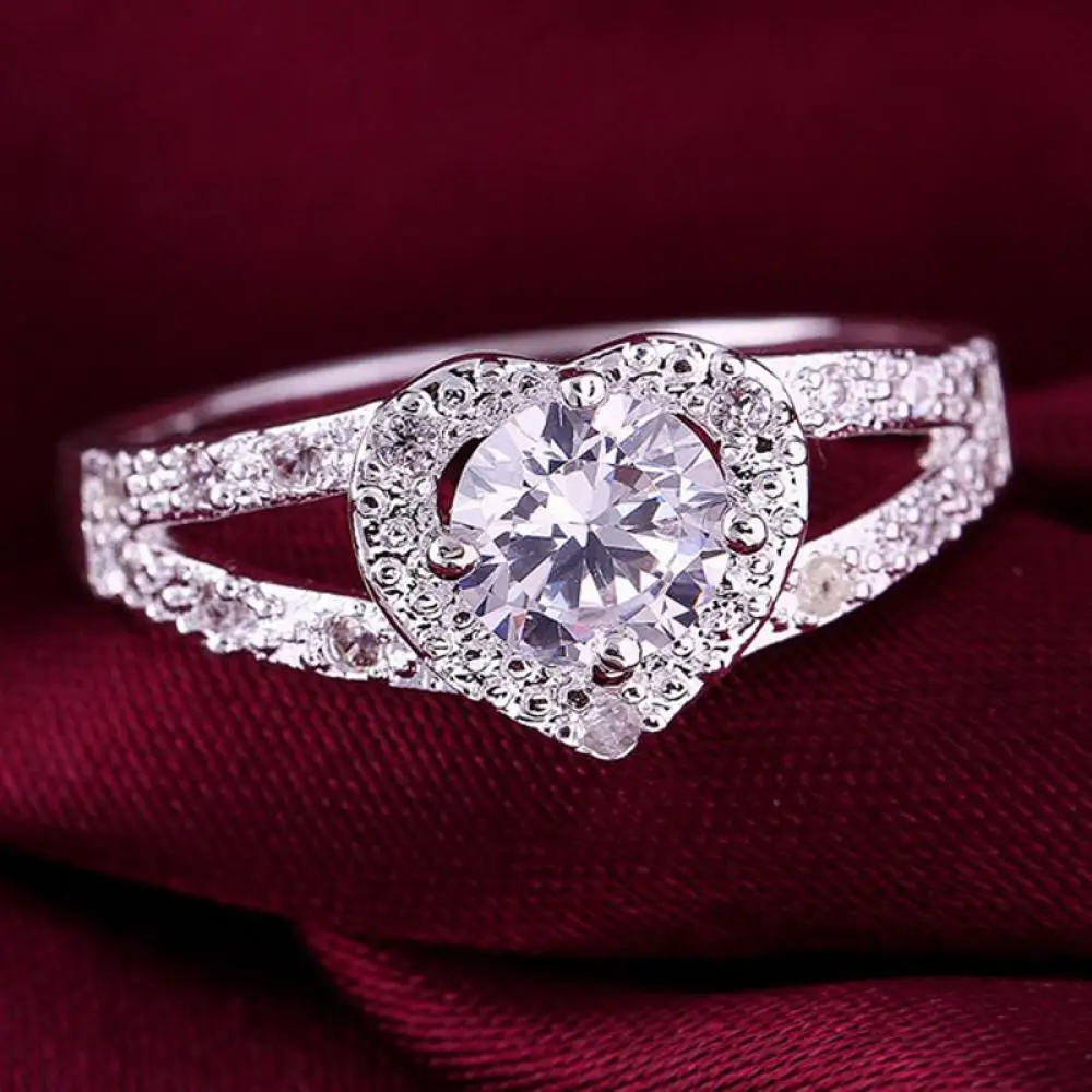 

1Pc Elegant Fashion Silver Plated Women's Beauty Crystal Wedding Stone Lady Heart Rings Size 6 7 8 9 Hot Sale Top Quality