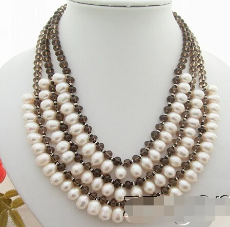 

NEW N566 3Strds Pearl&Smoky Quartz Necklace
