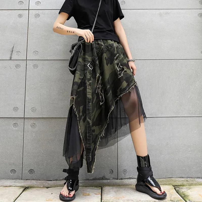 

Johnature 2019 Summer Print Patchwork Mesh Fashion Loose Women Skirts New 2 Colors Irregular Hole Streetwear Elastic Waist Skirt