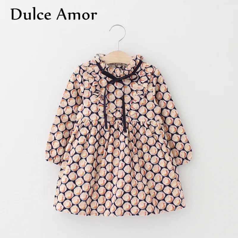 

Dulce Amor Girls Dress Casual Princess Dress 2019 Spring Full Sleeve Ruched Print Dress With Neck Bow Baby Girl Clothes