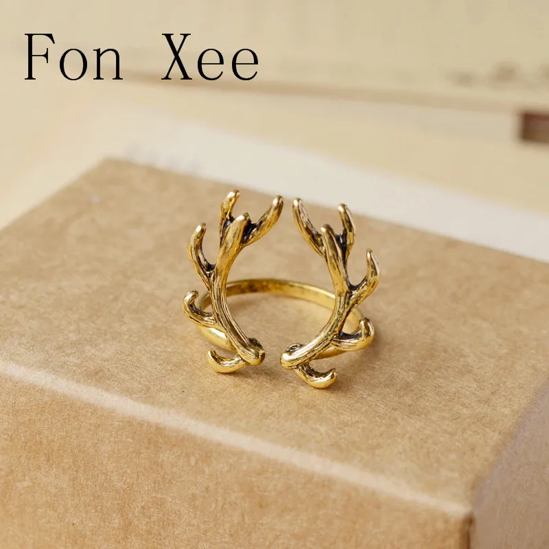Fon Xee Women Deer Antler Ring Antique Gold Color Operable