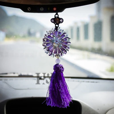 H& D цветок фиолетового пиона хрустальный стеклянный автомобильный подвесной кулон с кисточкой и узлом Автомобильное зеркало заднего вида орнамент подвесной Декор ремесла - Цвет: Purple