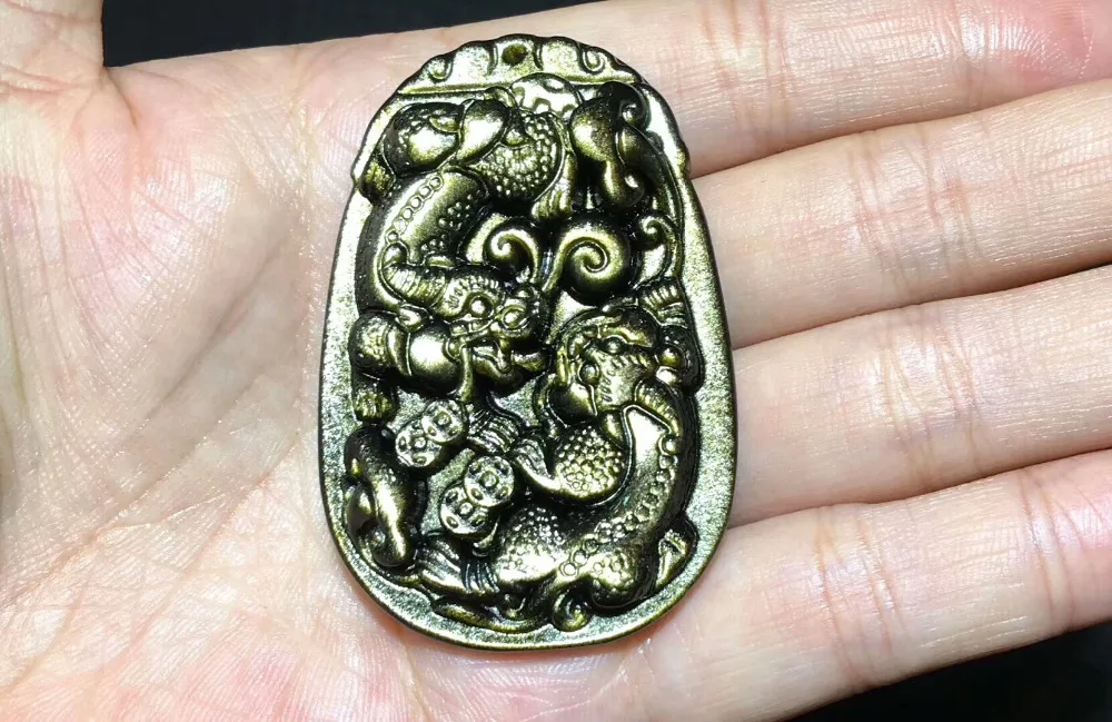 Genuine Natural Gold Obsidian Gemstone Pendant Gold Flash Women Man Pi Xiu Shape Crystal Pendant 59x40x13mm AAAAA (5)