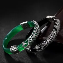 Real 925 Sterling Silver Bangles Women Luxury Chalcedony Bangle Evening Dress Jewelry Handmade Marcasite Peacock Bijoux uglyless real 999 silver fine jewelry women simple fashion thick bangles ethnic fish open bangle handmade engraved lotus bijoux