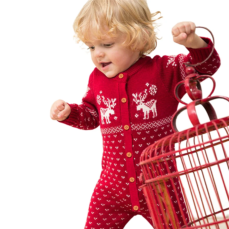 Infant Romper Christmas Deer Newborn Baby Boys Girls Knitting Rompers Long Sleeve Toddler Warm Clothing Baby Winter Outfit red-2
