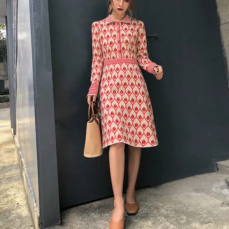 

robe pull femme hiver 2018 Runway Winter Women Thick Knitted Sweater Dress Lapel Ladybug Buttons Plaid Slim Tunic Jumper Dress