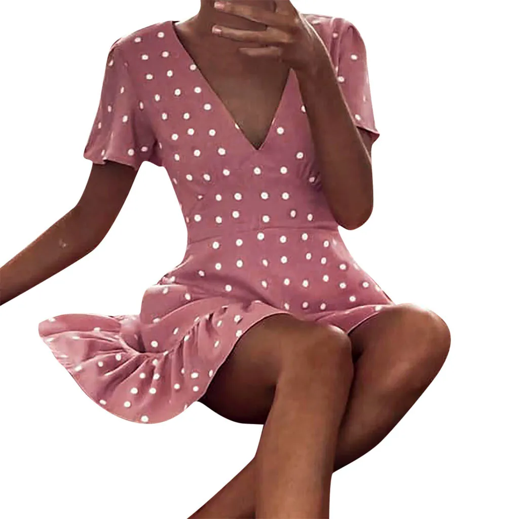 

Sleeper #401 2019 NEW FASHION Summer Womens Casual Sexy V-Neck Dot A-Line Mini Dress sweet for girls pink gifts Free Shipping