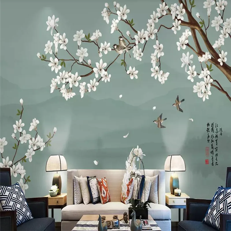 

Chinese style Yulan TV background wall decoration painting professional production wallpaper mural wall covering
