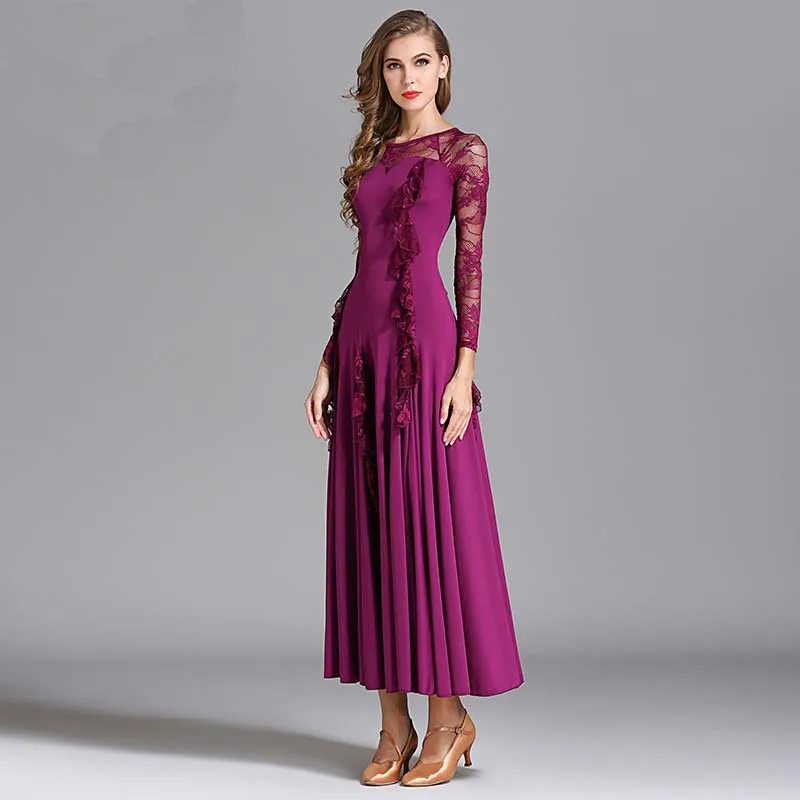 

Standard Ballroom Dance Dresses 2019 High Quality Lace Sleeve Flamenco Dancing Skirt Women Cheap Stage Waltz Ballroom Dress