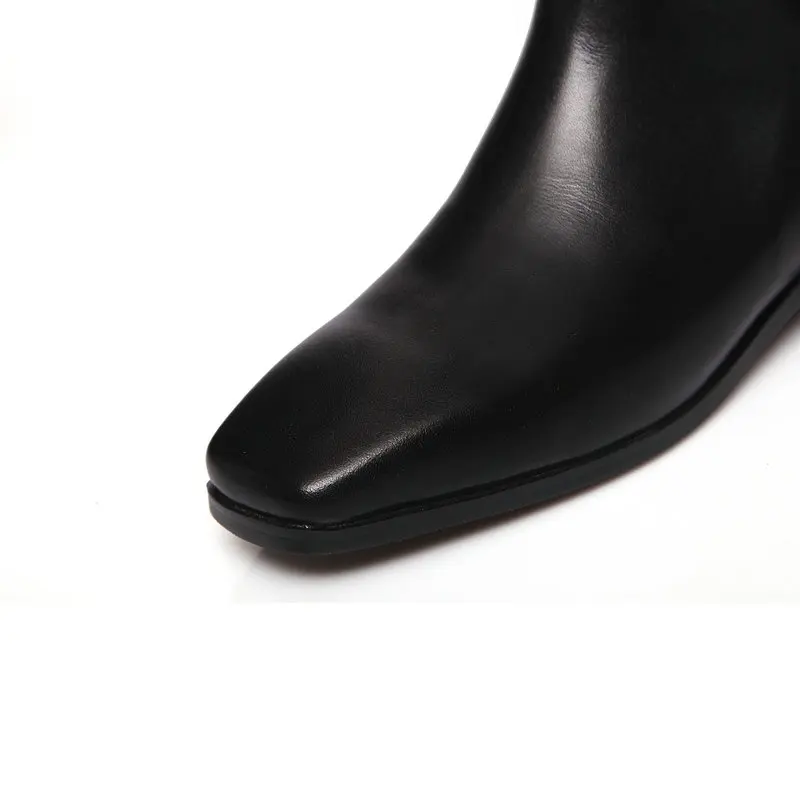 large size 34-43 low square heels genuine leather brand shoes women boots black square toe knee high boots