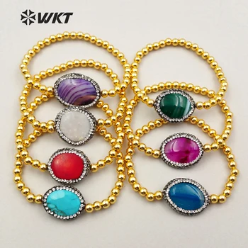 

WT-RB010 Wholesale Custom Micro Pave Natural Stone Bracelet With 6mm Round Resist Tarnishable Gold Eletroplated Brass Beads