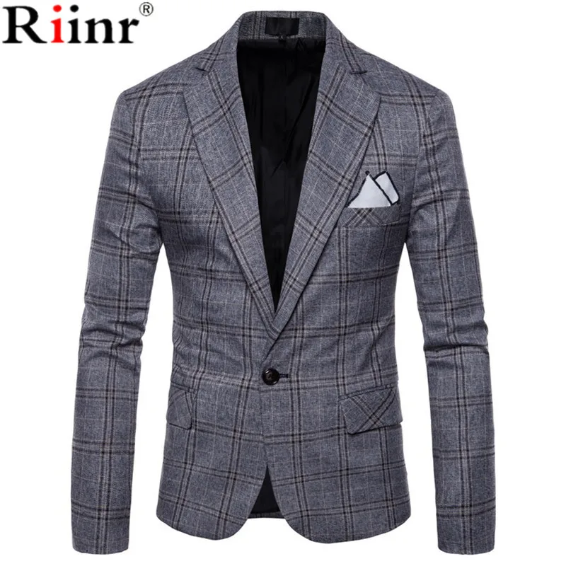 

Riinr 2019 New Large Lattice Wool Blue Check Tweed Custom Men's Casual Suit Pioneer Retro Cut Making Slim For Men's Plaid blazer