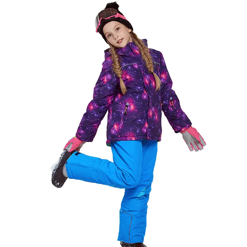 Зимний детский лыжный комплект, детский лыжный костюм для девочек водонепроницаемая куртка с капюшоном для сноуборда зимние штаны Terno Esqui теплый ветрозащитный - Цвет: blue